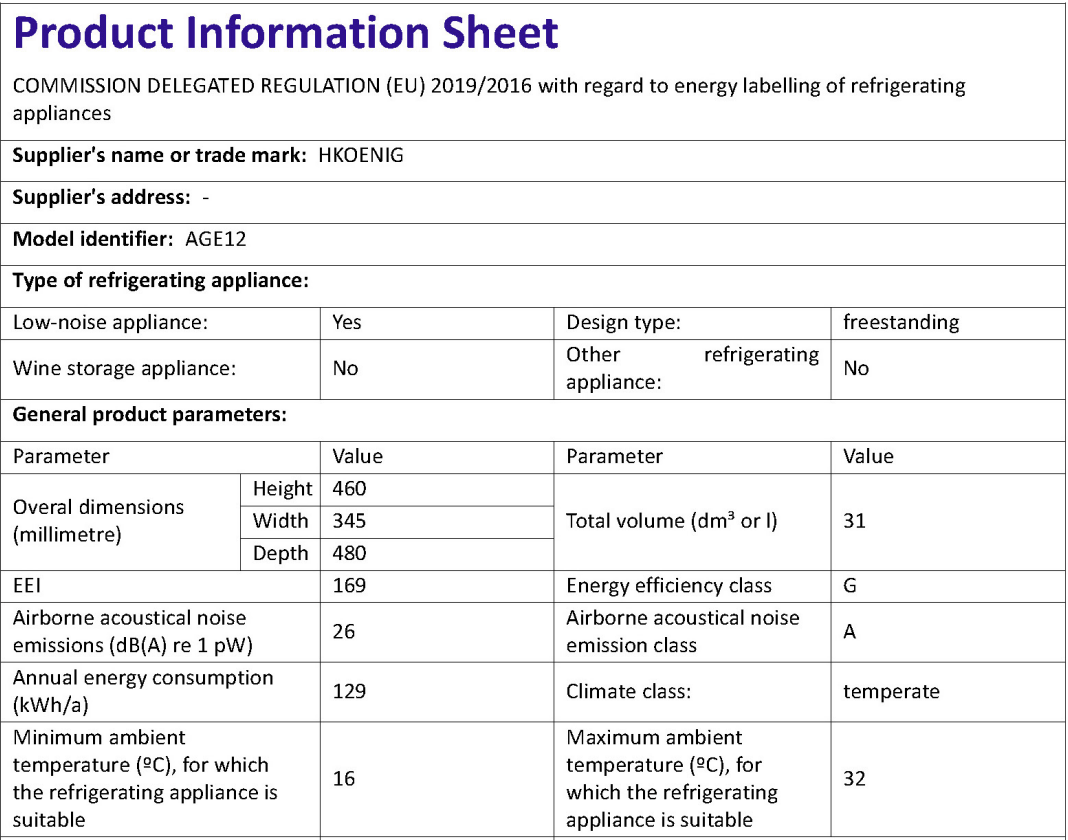 Hkoenig 12-bottle wine cellar User Manual - Product Information Sheet