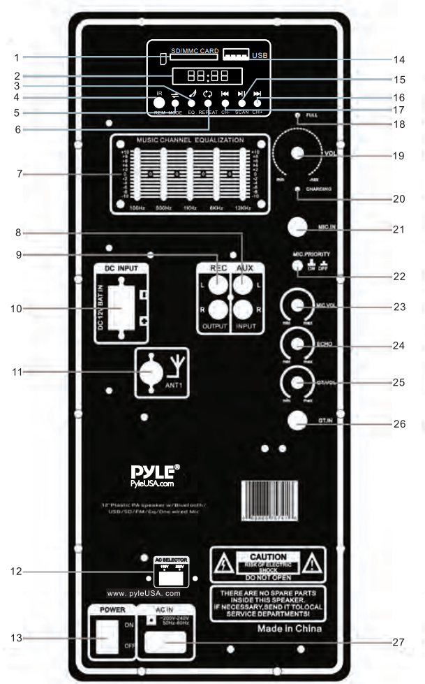 Pyle Portable Bluetooth PA Loudspeaker System PPHP152BMU User Manual - Control & Layout