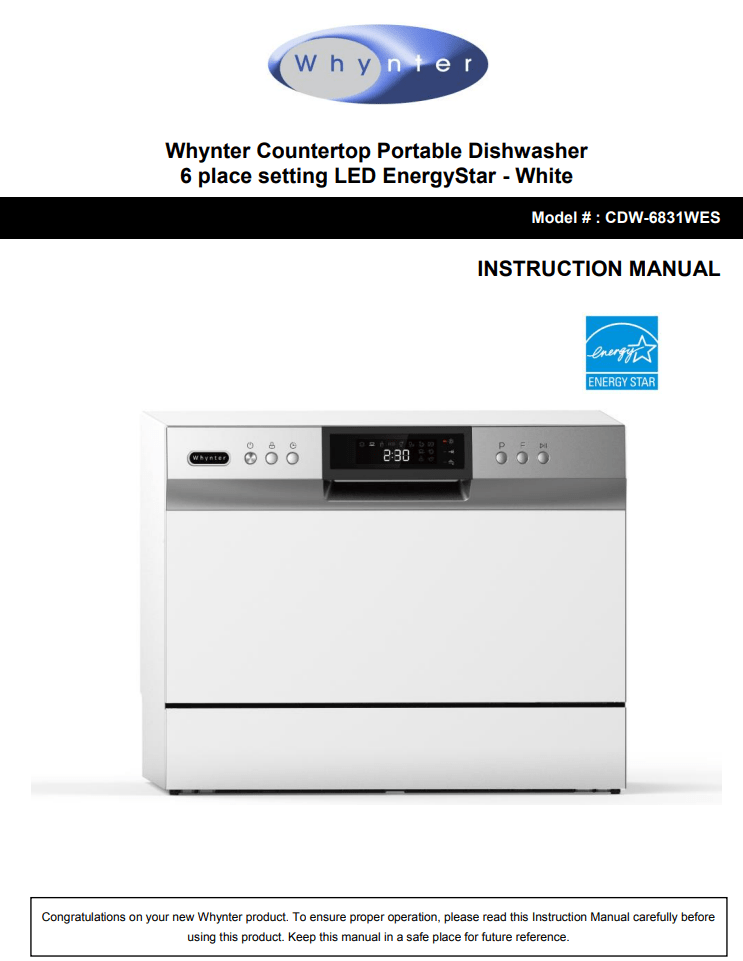Whynter CDW-6831WES Countertop Portable Dishwasher 6 place setting LED EnergyStar Instruction Manual