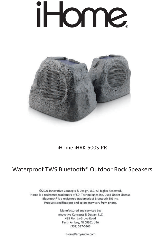 iHOME iHRK-500S-PR Waterproof TWS Bluetooth Outdoor Rock Speakers User Manual