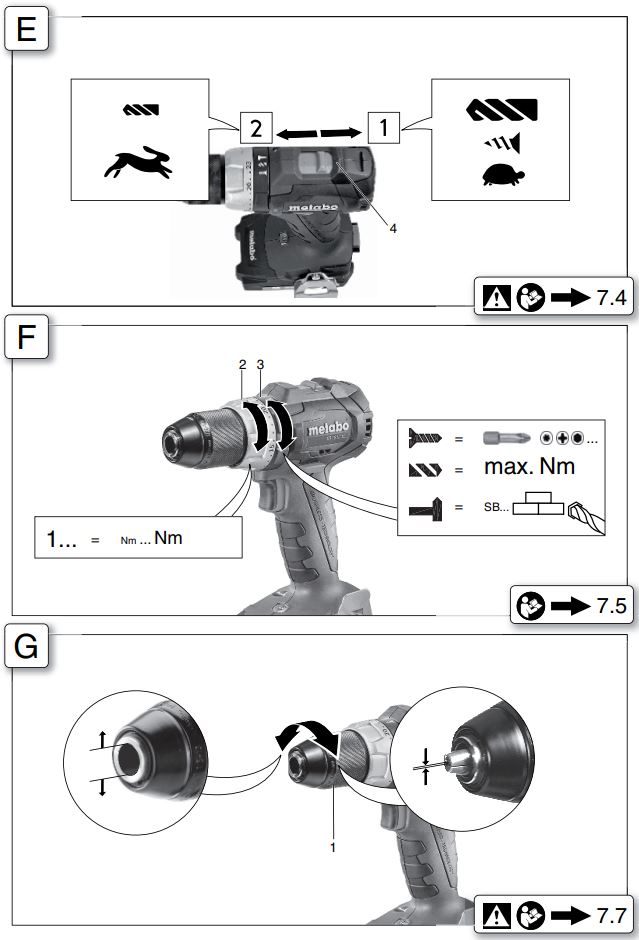 metabo BS 18 LT BL Cordless Hammer Screwdriver Instructions - Fig E,F,G