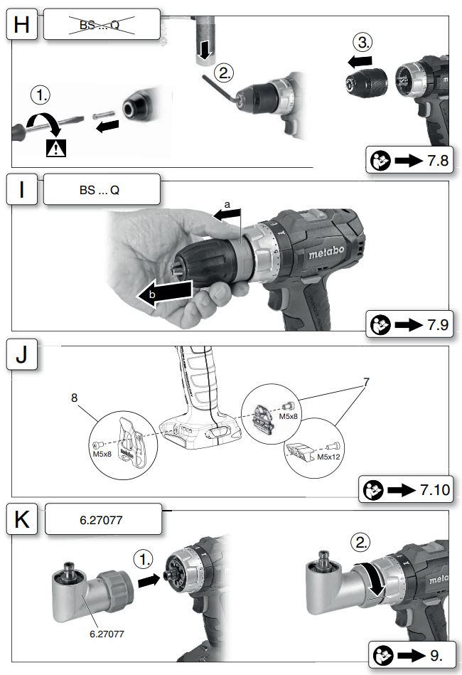 metabo BS 18 LT BL Cordless Hammer Screwdriver Instructions - Fig H,I,J,K