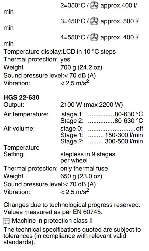 metabo HG 16-500 Hot Air Gun Instruction Manual - Technical Specifications