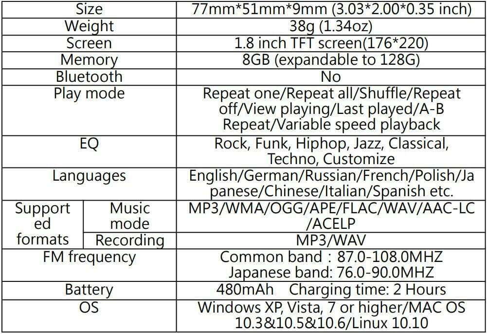 Agptek k1 music player User Manual - Technical Specification