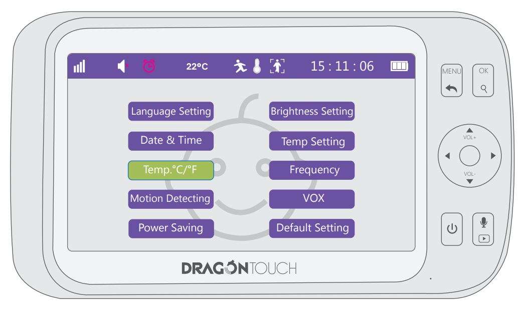 Dragon Touch DT50 Baby Monitor User Manual - Temperature °F,°C switch