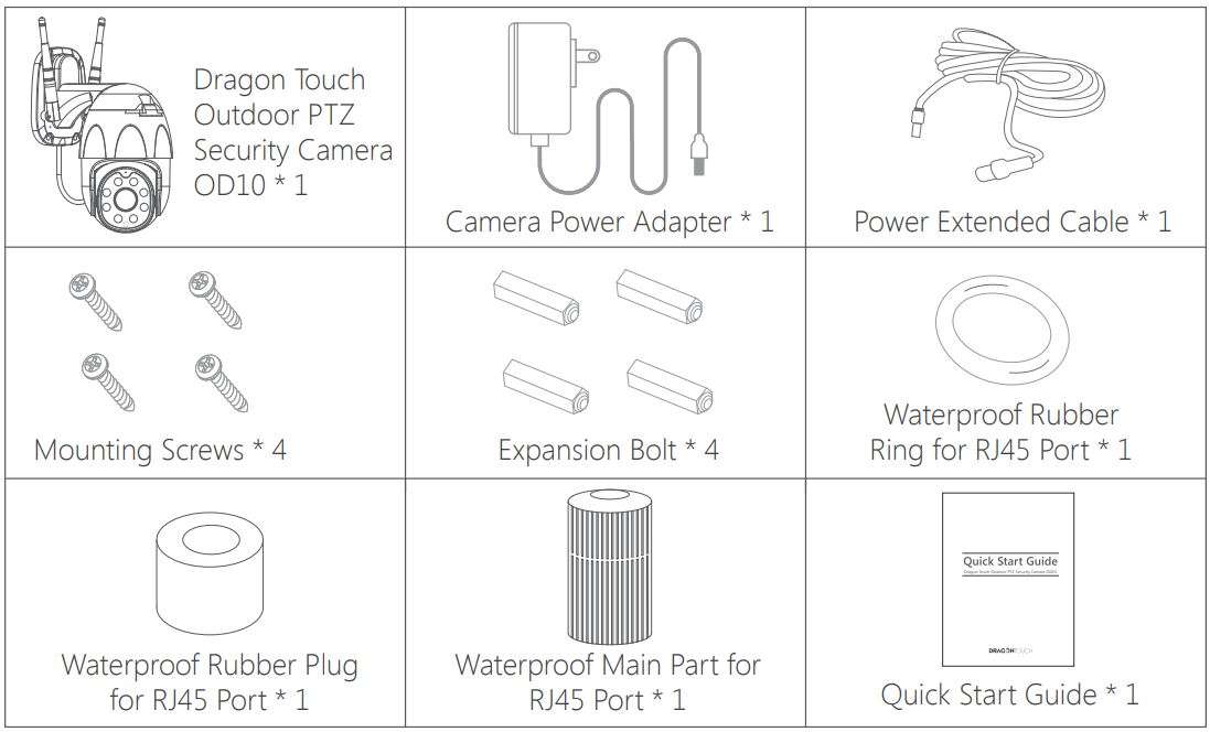 Dragon Touch Outdoor PTZ Security Camera OD10 User Manual - WHAT'S IN THE BOX