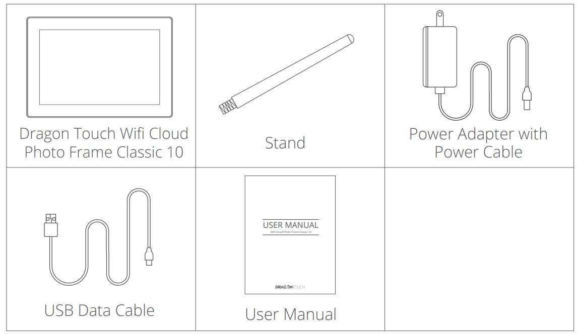 Dragon Touch wifi Cloud Photo Frame Classic10 User Manual - CONTENTS OF BOX
