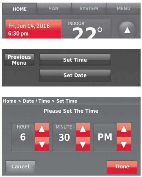 Honeywell Home WIFI 9000 COLOR TOUCHSCREEN THERMOSTAT User Manual - Setting the Time Date