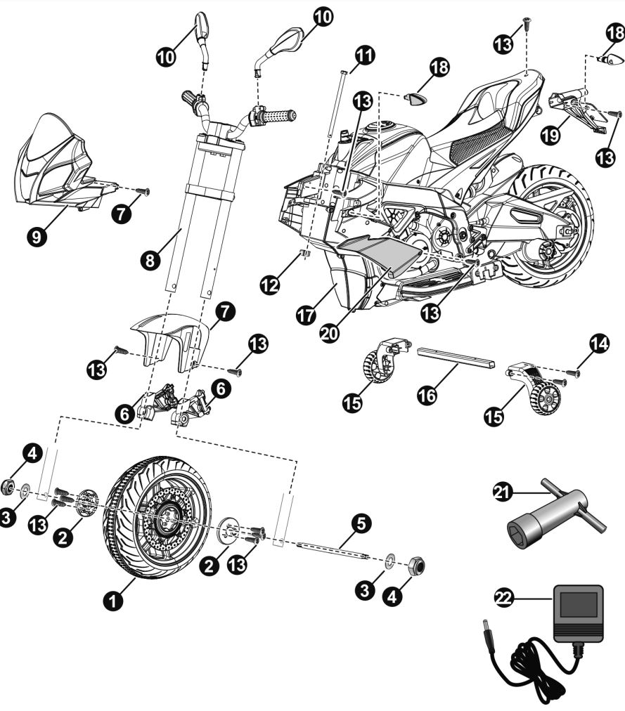 JAMARA 460587 Ride on Aprilia Tuono Motorcycle Instruction Manual - Parts