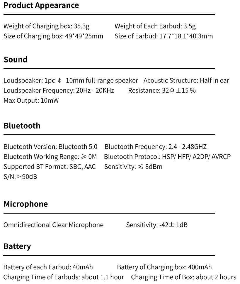 Mifa x17 Wireless Sport Earbuds User Manual - Product Specifications