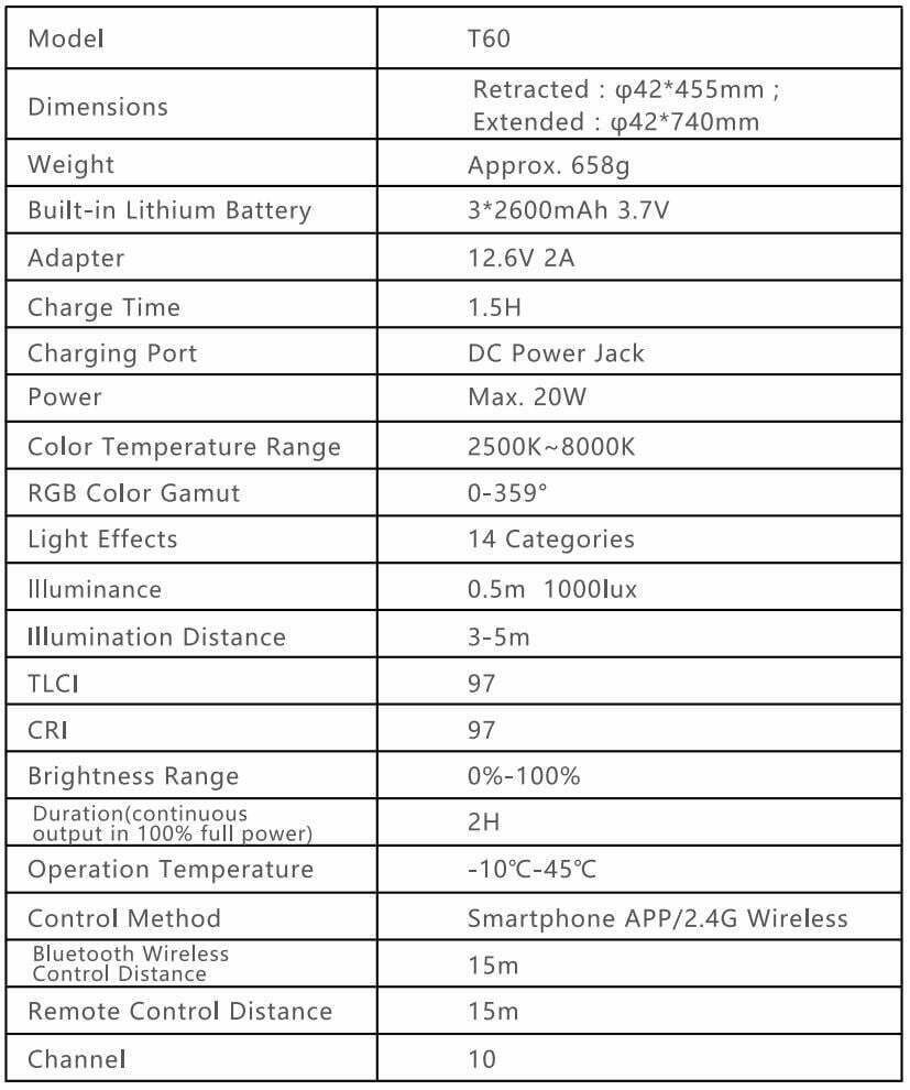 SIRUI Duken T60 Telescopic RGB LED Tube Light User Guide - Technical Data