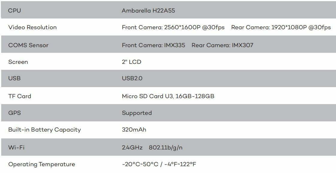 VAVA VA-VD009 2K Dual Dash Cam user manual - Product Specification