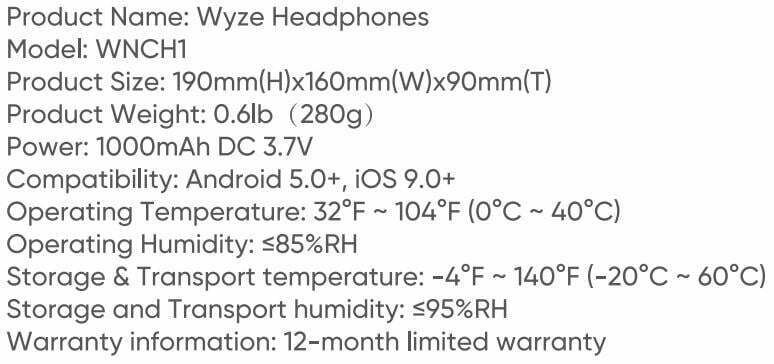 Wyze Labs WNCH1 Bluetooth Wyze Headphones User Manual - Specifications