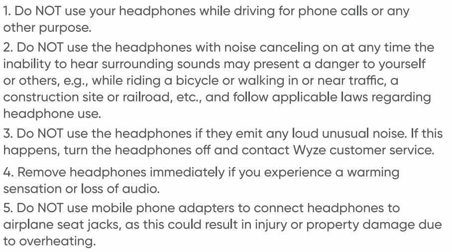 Wyze Labs WNCH1 Bluetooth Wyze Headphones User Manual - Warning