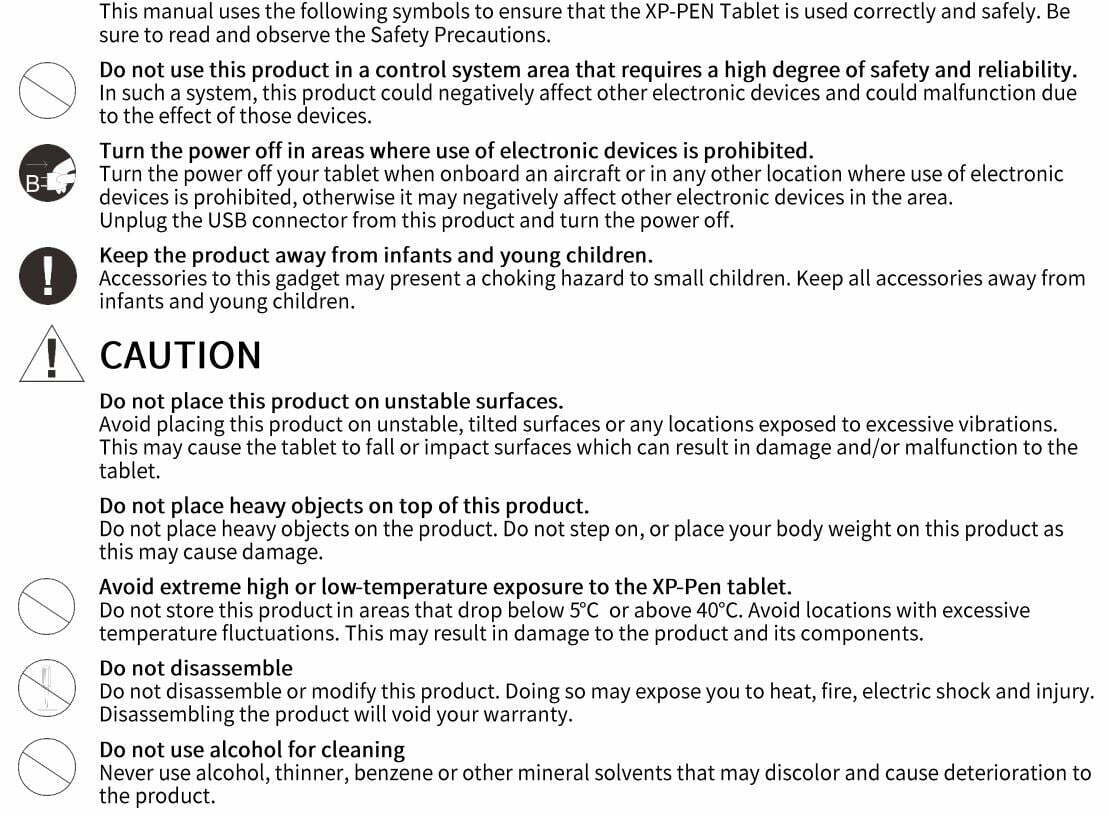 XP-PEN CT430 Digital Drawing Tablet User Manual - Safety Precautions