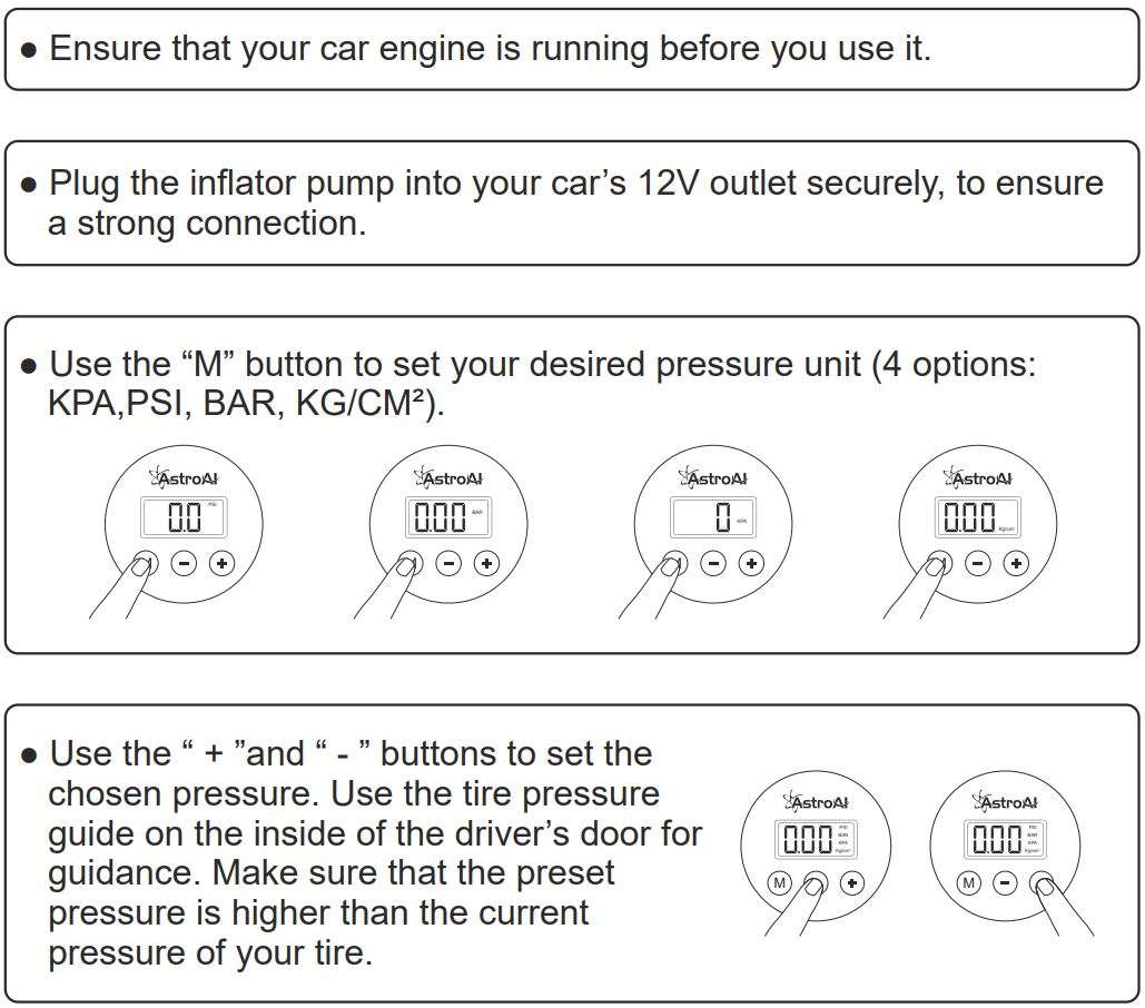 AstroAI Air Compressor Tire Inflator Portable Air Pump User Manual - OPERATION INSTRUCTIONS