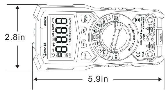 AstroAI RMS 4000 Count Digital Multimeter User Manual - Dimensions
