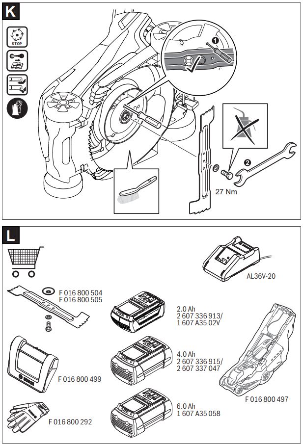 BOSCH AdvancedRotak 36-650 Electric Lawn Mower Instruction Manual - Fig k,l