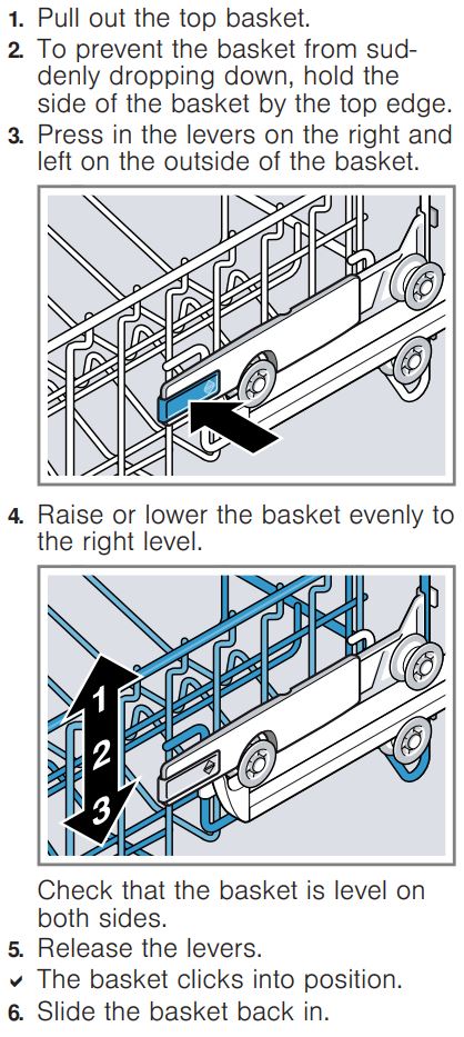 BOSCH SGV4HCX48E Dishwasher Instruction Manual - Adjusting top basket with side levers