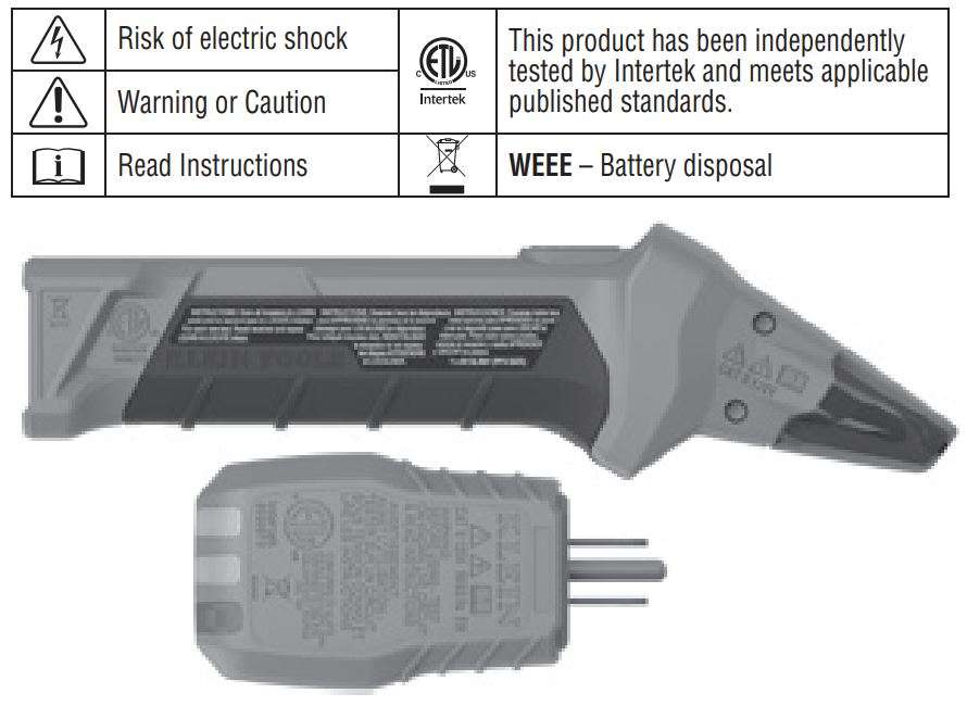 Klein Tools ET310 AC Circuit Breaker Finder with Integrated GFCI Outlet Tester User Manual - SYMBOLS ON BACK OF TESTER