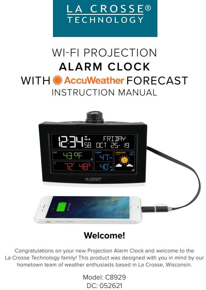 LA Crosse Technology C82929V2 WiFi Projection Alarm Clock with AccuWeather User Manual