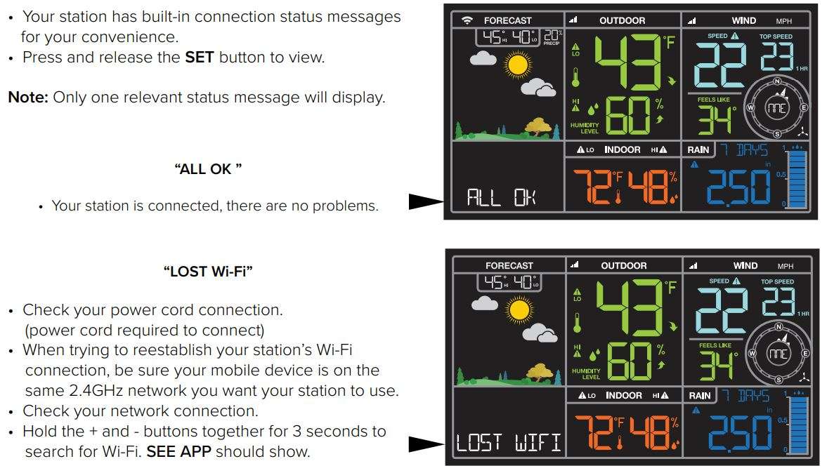 LA Crosse Technology V40A-PROV2 Complete Personal Remote Monitoring Weather Station User Manual - Simple Status Messages