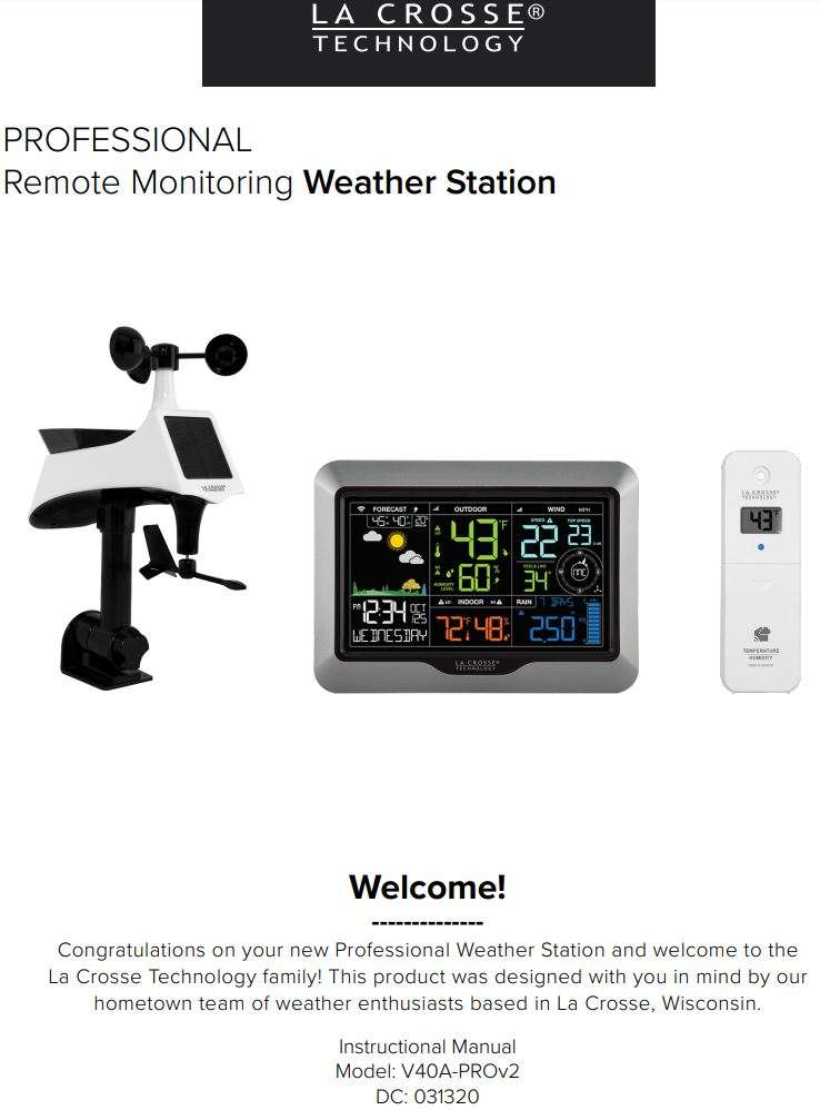 LA Crosse Technology V40A-PROV2 Complete Personal Remote Monitoring Weather Station User Manual