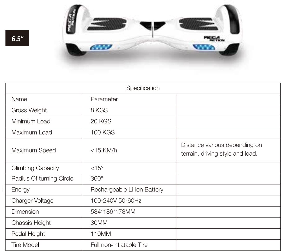 LIKE SPORTING MEGA MOTION Electric Scooter User Manual - The specification of the electric scooter