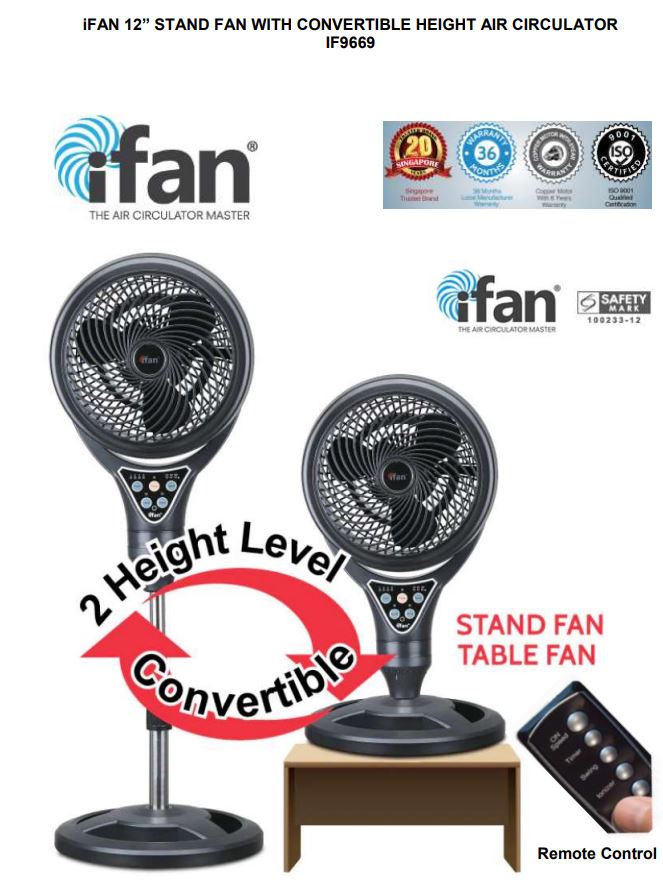 PowerPac IF9669 iFAN 12 Inch Stand Fan with Convertible Height Air Circulator Instruction Manual