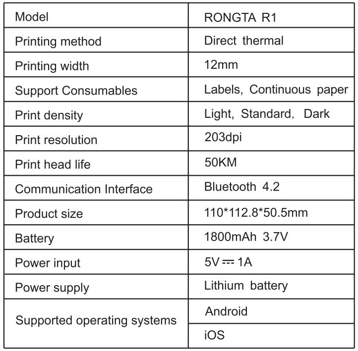 RONGTA R1 0.5 Inch Label Printer User Manual - Product Specifications