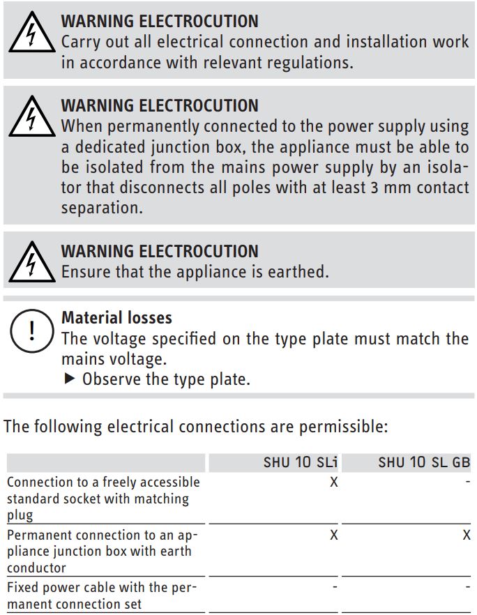STIEBEL ELTRON SH 10 SLi Electric Water Heater Instruction Manual - Power supply