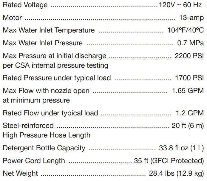 Sun Joe SPX3000®-XT1 XTREAM Clean Electric Pressure Washer User Manual - Technical Data