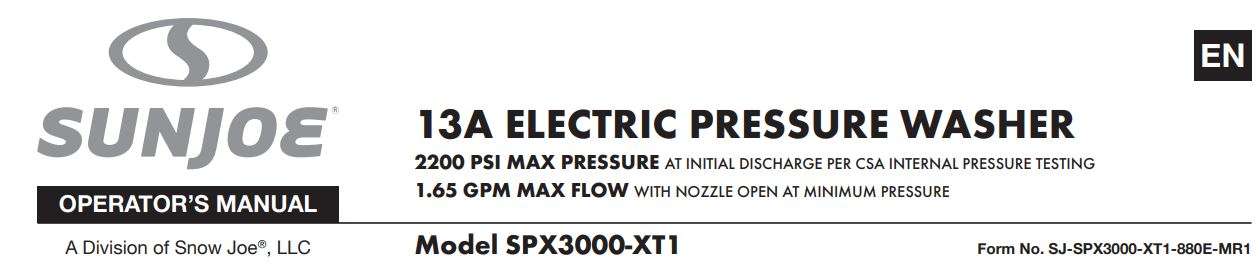 Sun Joe SPX3000®-XT1 XTREAM Clean Electric Pressure Washer User Manual