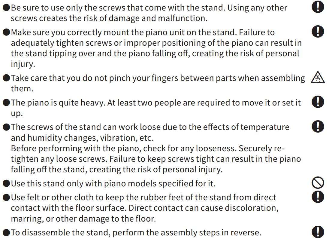 CASIO CS-470P Piano Stand with 3 Pedals User Guide - Precautions for Piano Stand with 3 Pedals