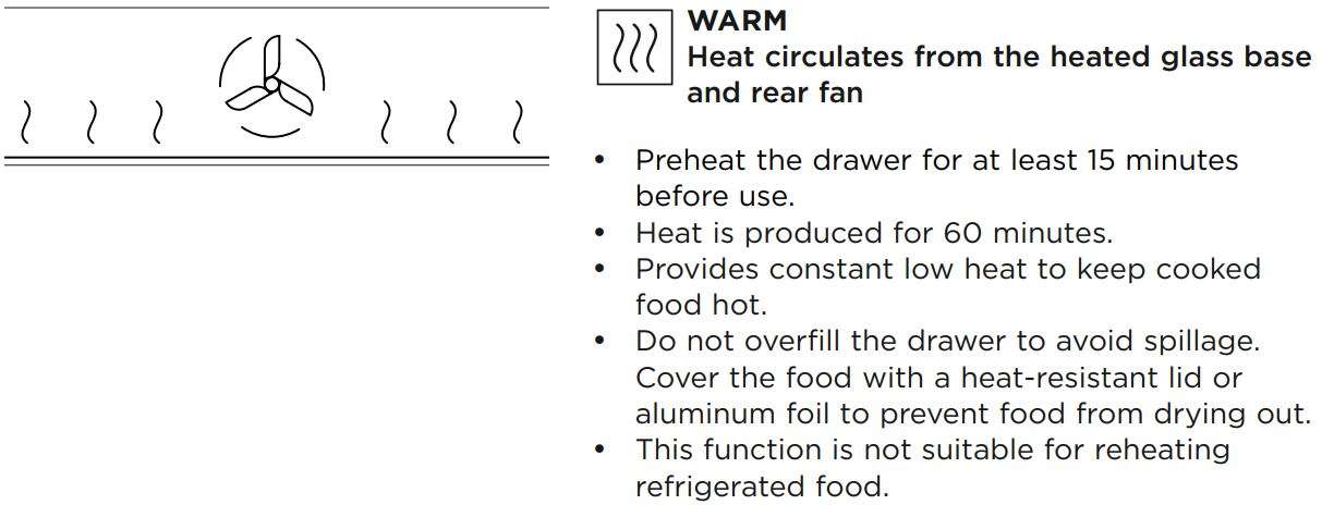FISHER PAYKEL WB76SPEX1 76cm Warming Drawer User Guide - FUNCTIONS
