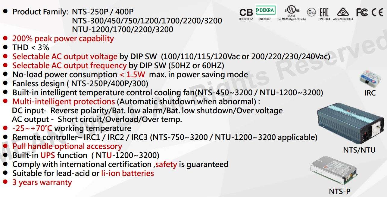 MW NTS NTU Series DC-AC Pure Sine Wave Inverter User Manual - Key Features