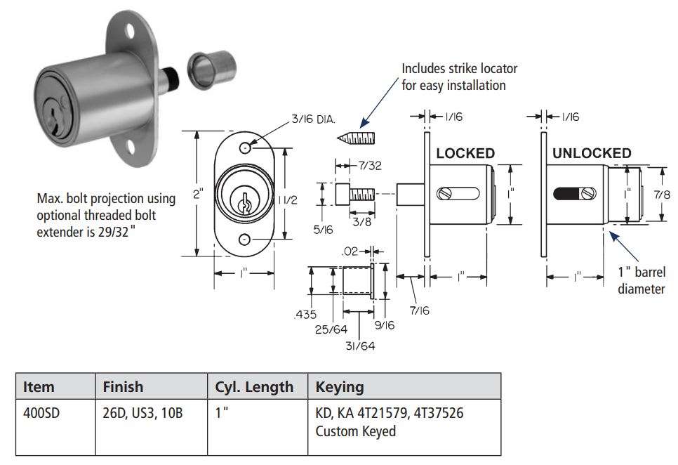OLYMPUS LOCK R Series 400SD Plunger Lock User Guide - 400SD Plunger Lock