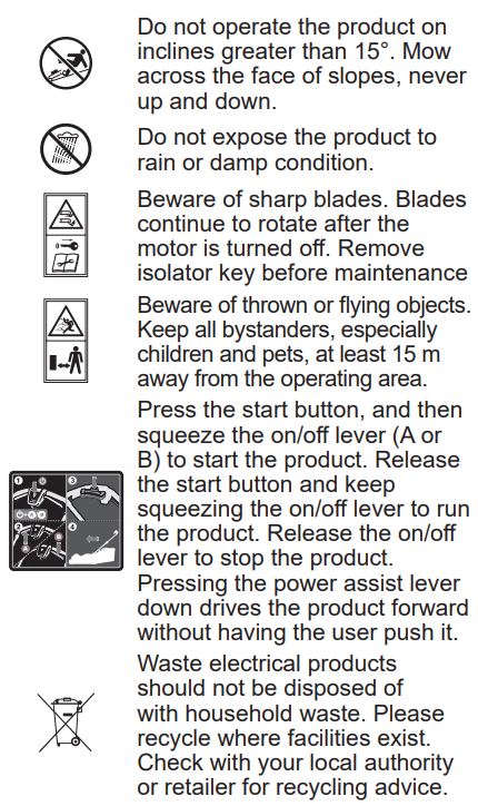 RYOBI RLM36X46HPG Battery Lawn Mower Instruction Manual - SYMBOLS ON THE PRODUCT