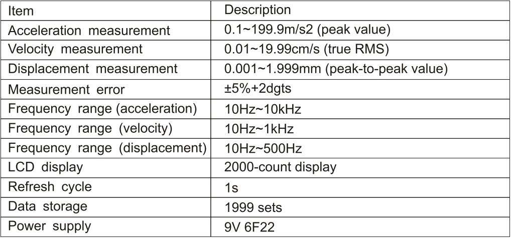 UNI-T UT315A Vibration Tester User Manual - Specifications