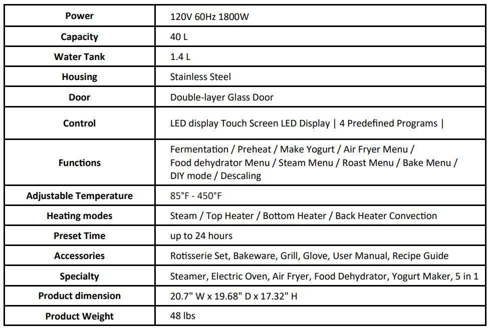 Whynter TSO-488GB Grande 40 Quart Capacity Counter - SPECIFICATIONS