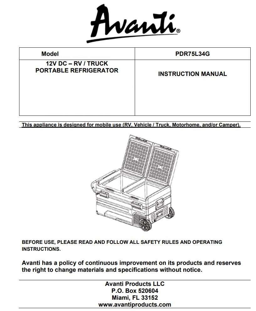 Avanti PDR75L34G 12V DC RV Truck Portable Refrigerator Instruction Manual