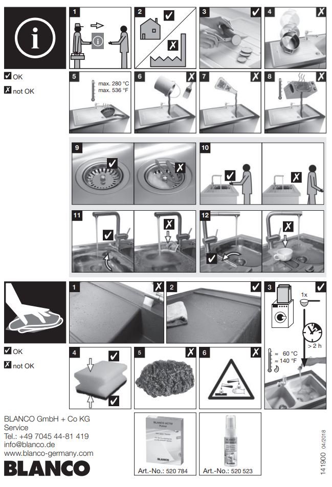 BLANCO 1518909 PLEON 9 InFino Silgranit Comfort Built-in sink Washbasin Instruction Manual - How to use
