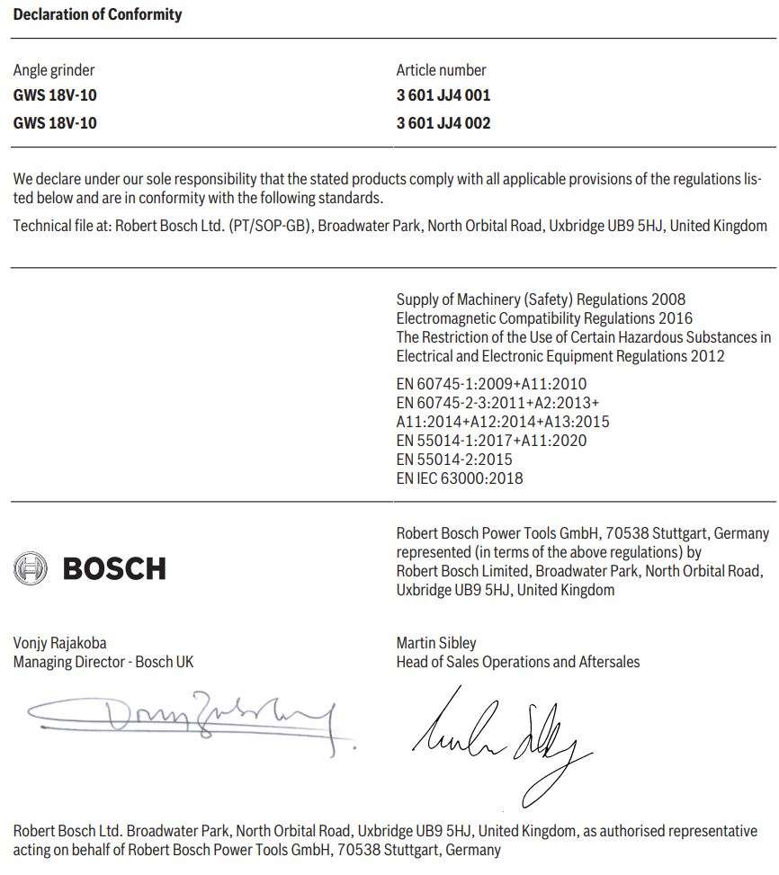 BOSCH GWS 18V-10 Professional Grinder Instructions - Signature