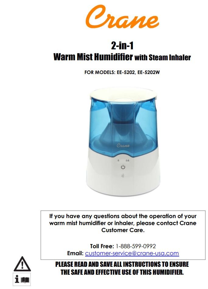 Crane EE-5202 2-in-1 Warm Mist Humidifier with Steam Inhaler User Manual