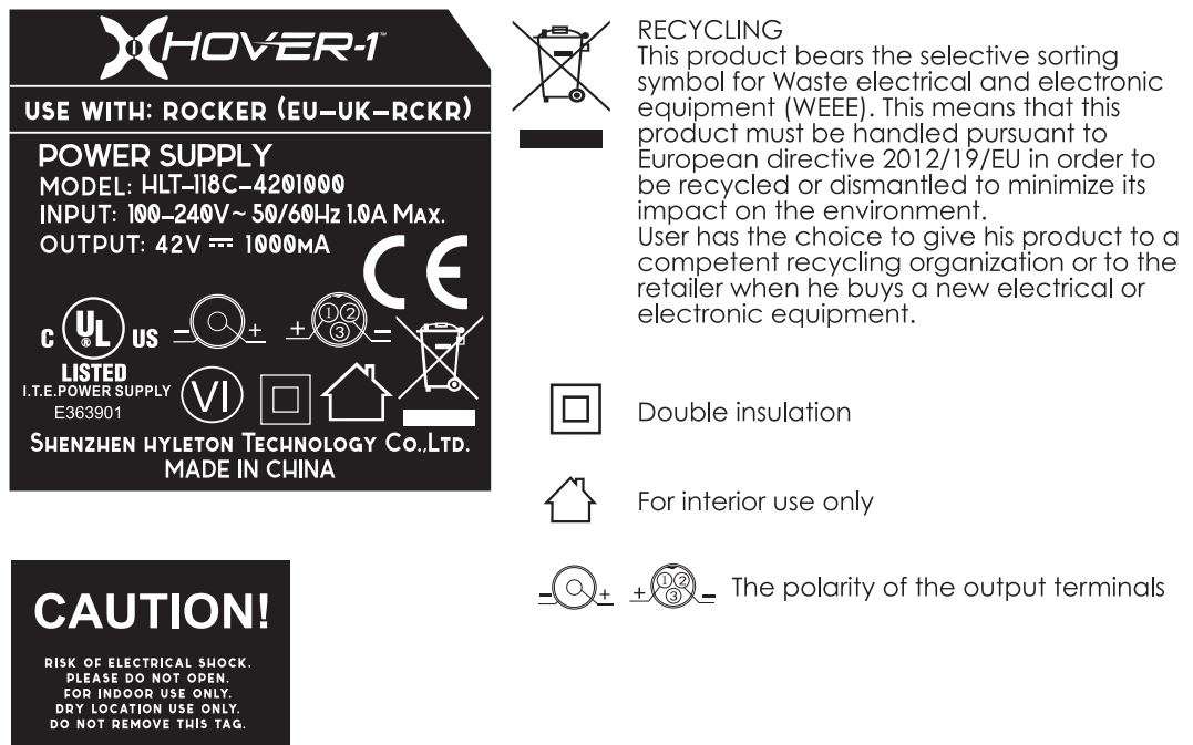 HOVER-1 ROCKER Iridescent Hoverboard Instructions - Charger Label