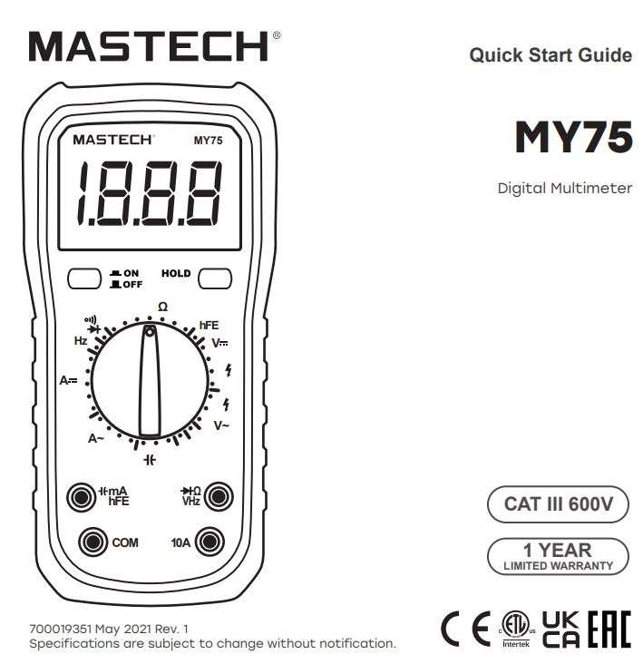 MASTECH MY75 20000 Counts Professional Digital Multimeter User Guide