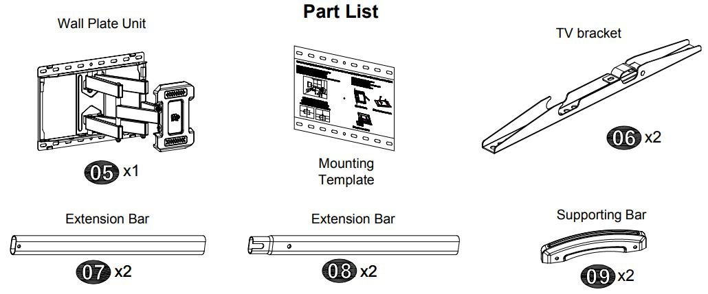 Mounting Dream MD2296 TV Mount Bracket User Manual - Part List