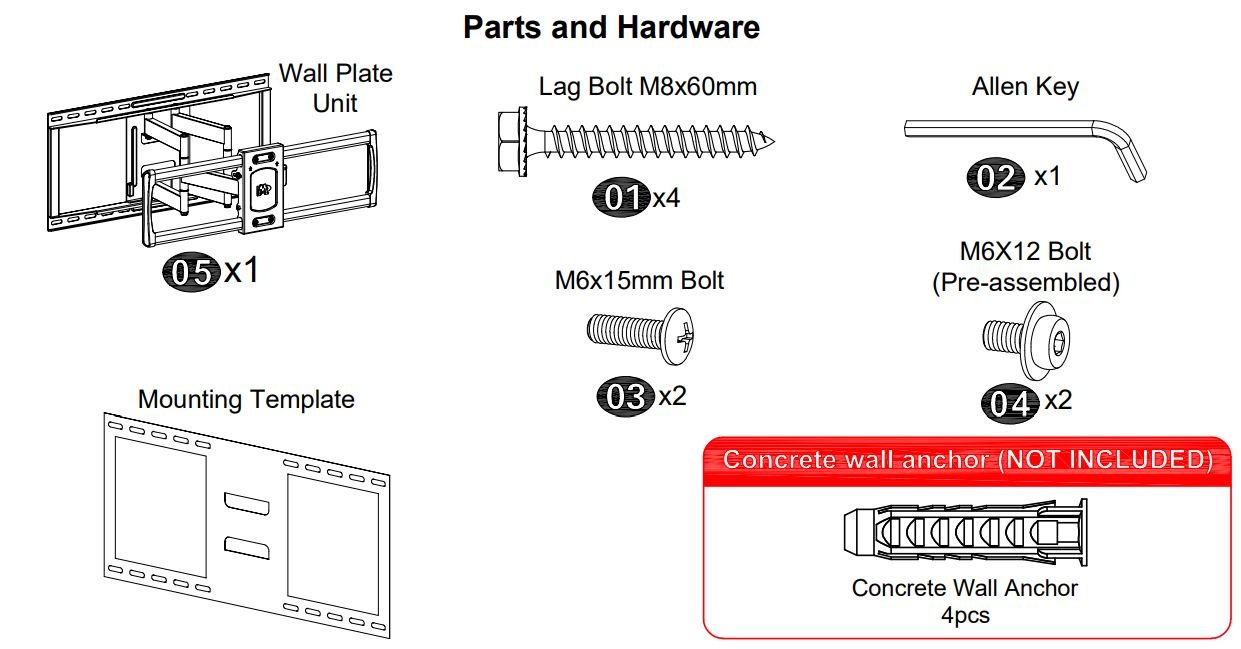 Mounting Dream MD2298 TV Wall Mount Bracket User Manual - Parts and Hardware