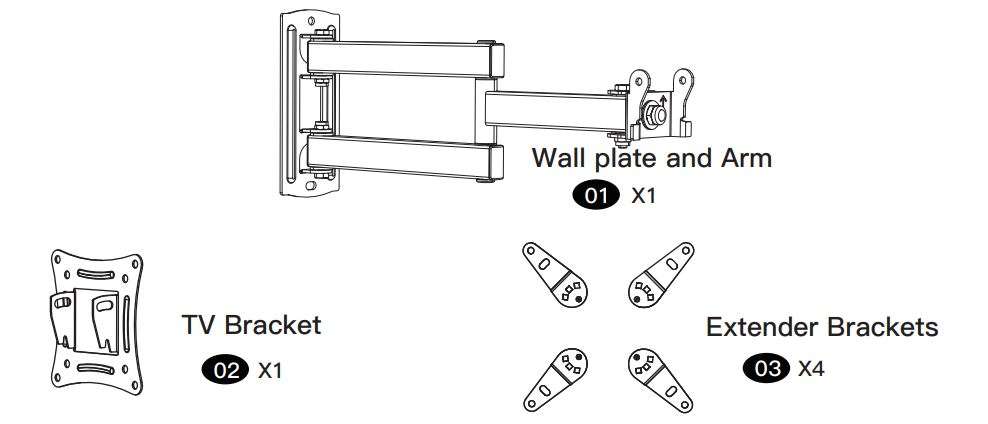 Pipishell PISF1 Full Motion TV Monitor Wall Mount Bracket Articulating Arms User Manual - Supplied Parts