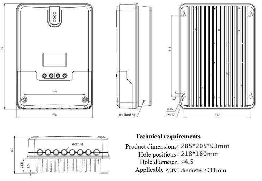 PowMr 60A 12V 24V 36V 48V Auto MPPT Solar Charge Controller User Manual - Product Dimensions